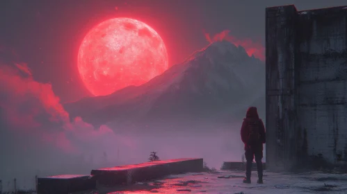 Red Moon and Snow Mountain: A Captivating Nature Scene