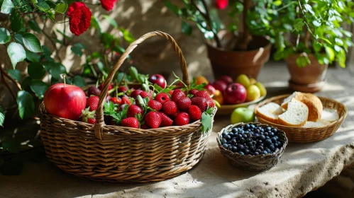 Rustic Still Life: Fresh Fruit Basket on Wooden Table in Garden
