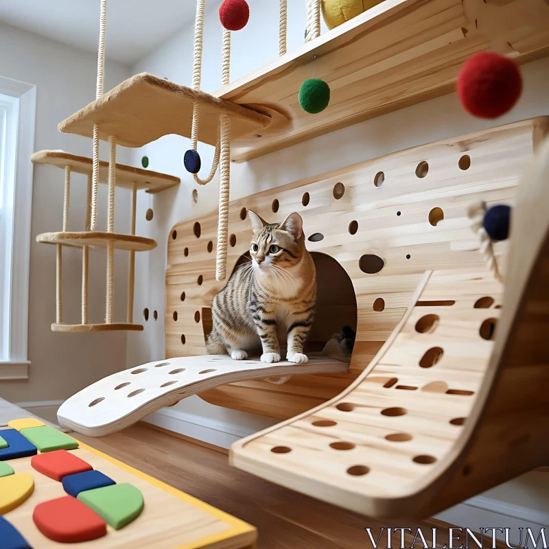 Wooden Cat Playground with Colorful Felt Balls AI Image