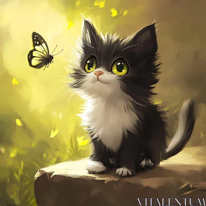 Cute Kitten Gazing at Butterfly AI Image