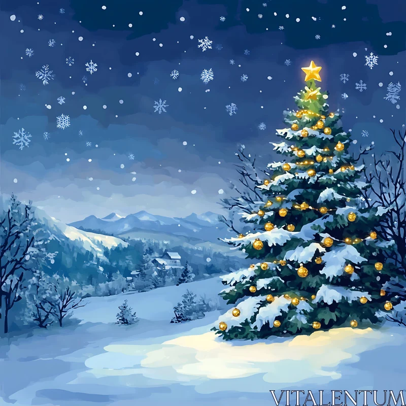 Serene Snowy Landscape with Christmas Decorations AI Image