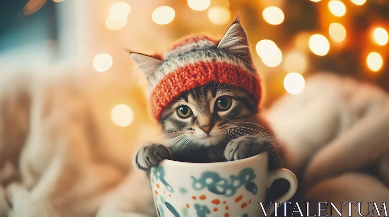 Kitten In Knitted Hat Peeking from Decorative Cup AI Image