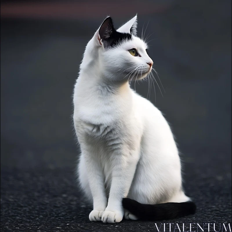 Graceful White Cat Sitting on Dark Surface AI Image