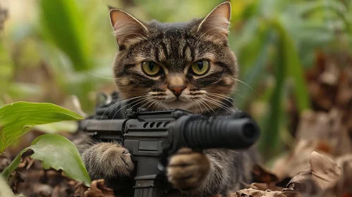 Feline in Combat Gear in a Forest