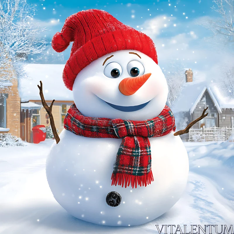 Happy Snowman with Stylish Accessories in Snowy Yard AI Image