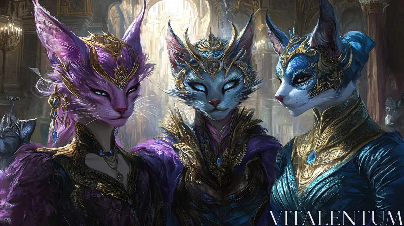 Regal Anthropomorphic Feline Trio in Opulent Costumes AI Image