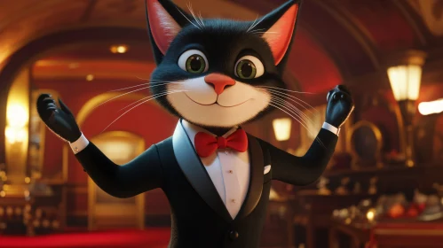 Animated Cat in Tuxedo with Red Bow Tie