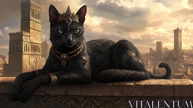 Royal Black Cat with Crown in Medieval Setting AI Image