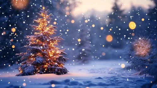 Festive Christmas Tree in Winter Forest