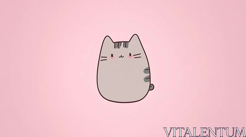 Kawaii Gray Cat Illustration on Pastel Pink AI Image