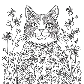 Floral Cat Line Art