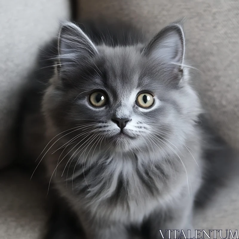 Cute Grey Kitten Sitting on Soft Beige Surface AI Image