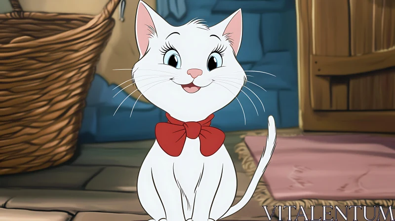 Happy Cartoon Cat with Red Bow AI Image