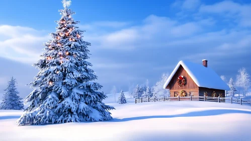 Serene Snowy Landscape with Decorated Christmas Tree