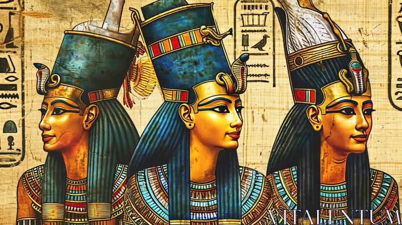 Ancient World: Egyptian Queens Wearing Elaborate Headdresses and Jewelry AI Image