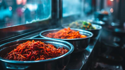 Captivating Composition of Metal Bowls Filled with Vibrant Food