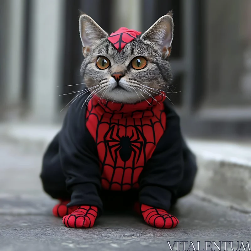 Cute Cat in Red and Black Superhero Outfit AI Image