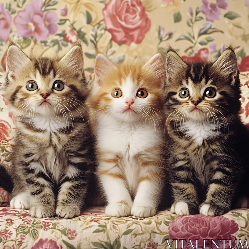 Cute Fluffy Kittens on Floral Background AI Image