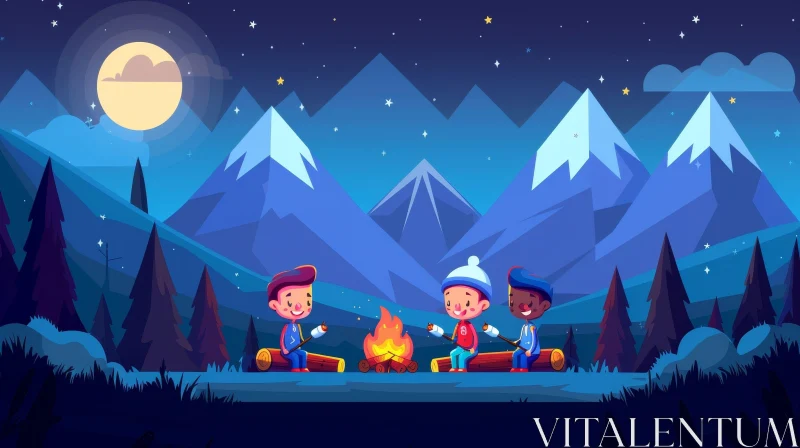 Children Camping in Mountains Cartoon Illustration AI Image