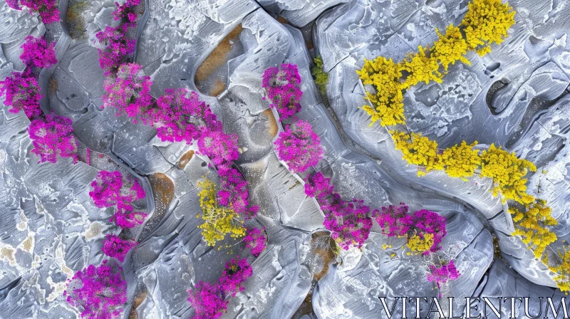 Colorful Flowers in Rocky Landscape - Aerial View AI Image