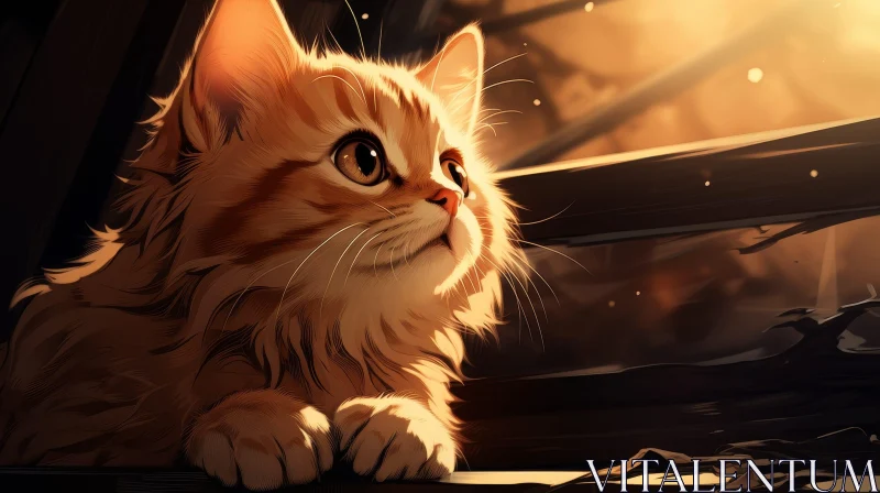 Curious Cat Digital Painting | Raindrop Window Scene AI Image