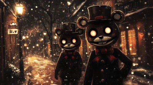 Enigmatic Night with Bear Figures in Winter