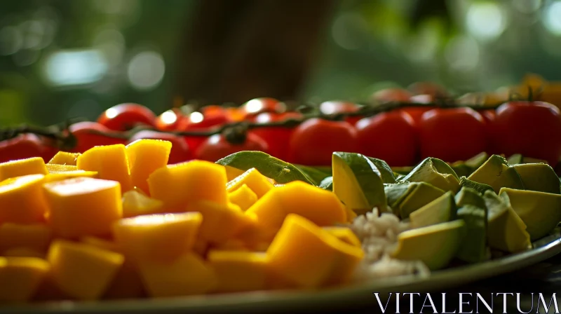 Delicious Plate of Food: Mangos, Tomatoes, Avocado, and Rice AI Image