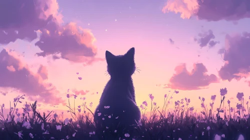 Cat Gazing at Sunset in a Flower Field