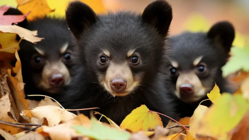 Enchanting Black Bear Cubs Among Autumn Leaves
