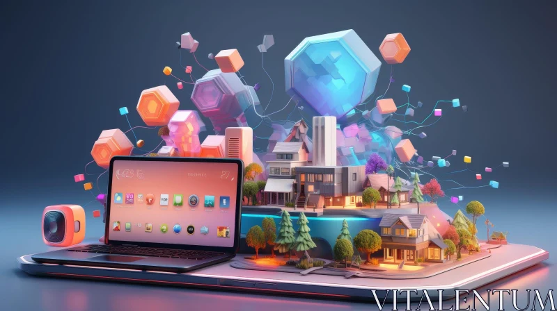AI ART Futuristic City Laptop 3D Illustration