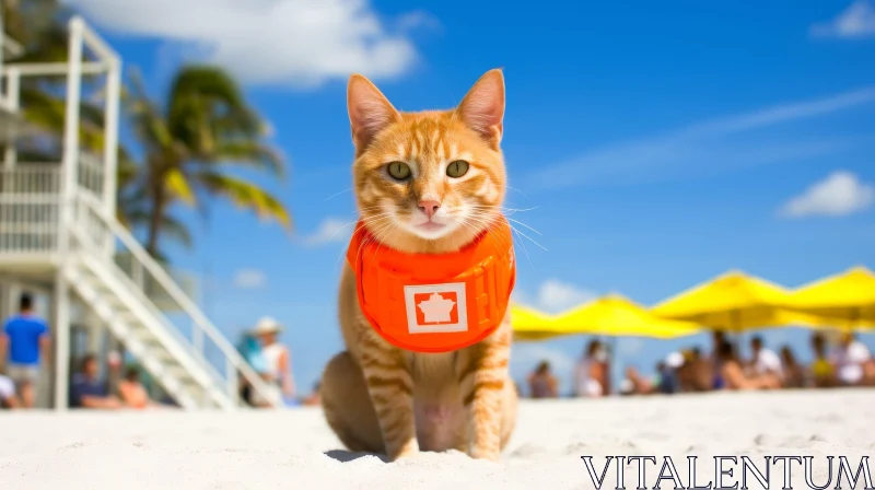 Ginger Cat in Life Jacket on Beach AI Image