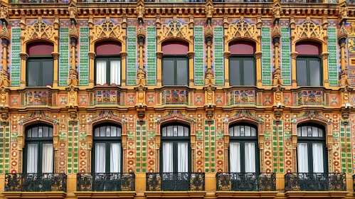Historic Building Facade with Colorful Ceramic Tiles and Green Balcony