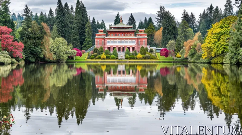 Majestic Chinese-style Building Reflection in Water AI Image