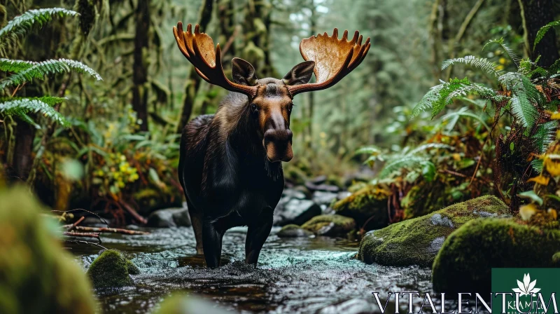 Majestic Moose in a Flowing River | Serene Nature Photography AI Image