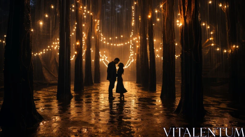 Mysterious Love: Couple Under String Lights in Forest AI Image