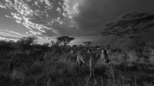 Peaceful Zebras Grazing in African Savannah