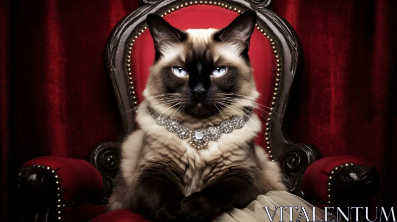 AI ART Regal Siamese Cat on Red Velvet Throne
