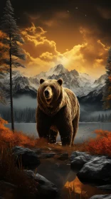 Serene Bear in Mountain Landscape Artwork