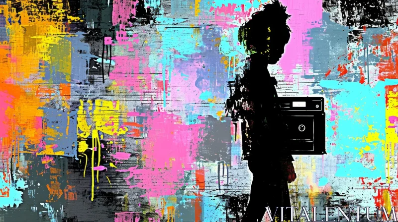 Silhouette of a Boy with Boombox on Shoulder - Retro Abstract Art AI Image