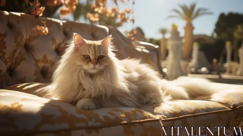 White Persian Cat on Golden Couch in Outdoor Setting AI Image