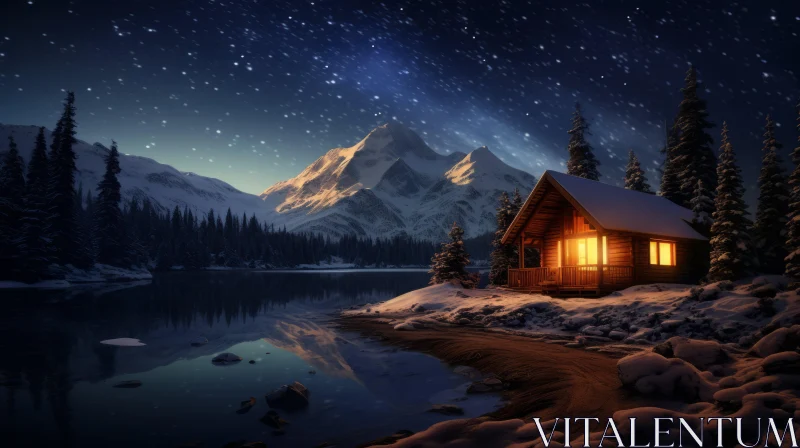 Winter Night Cabin Under the Stars Wallpaper AI Image