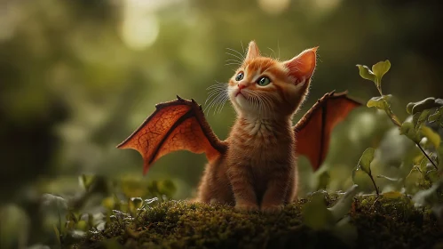 Magical Cat with Dragon Wings in the Woodland