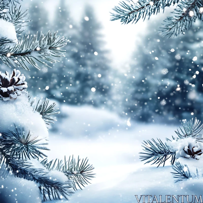 Winter Forest with Snow-Covered Pine Branches AI Image