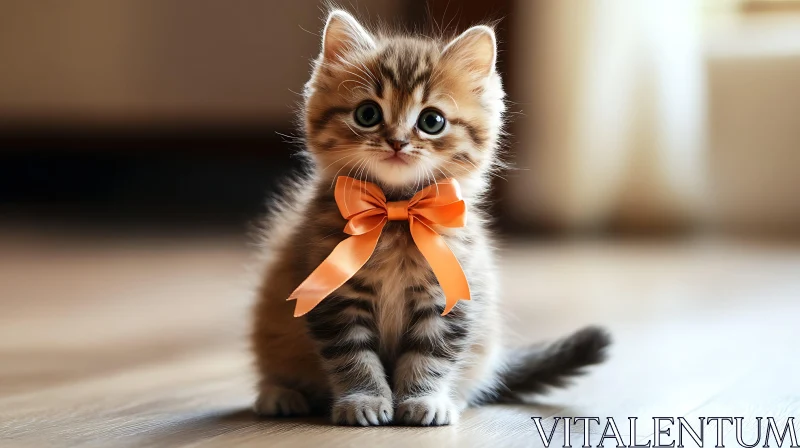 Cute Fluffy Kitten with Orange Bow AI Image