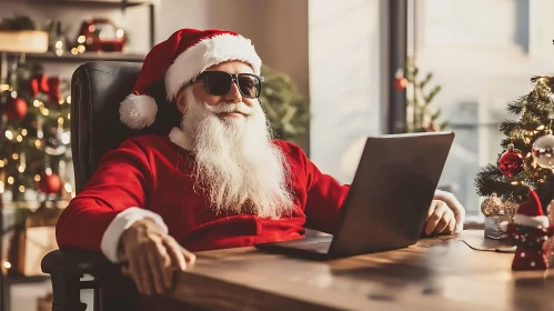 Santa Claus in Sunglasses in a Modern Office