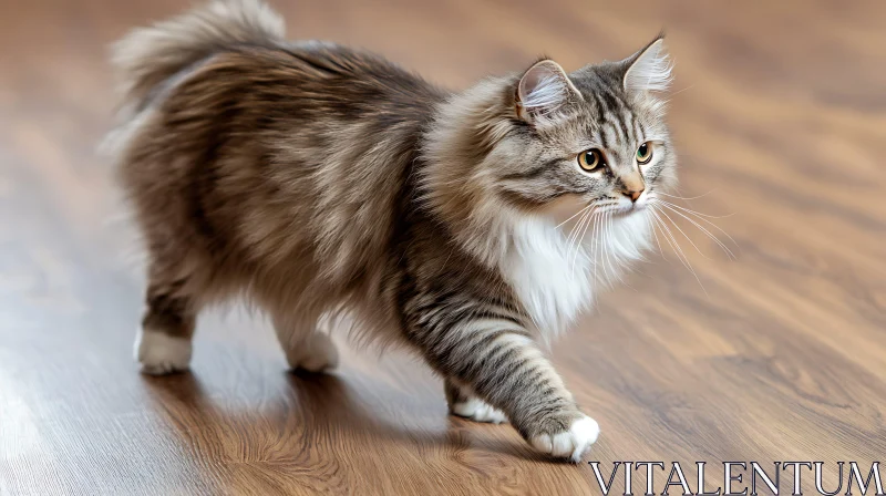 Charming Fluffy Cat on Hardwood Floor AI Image