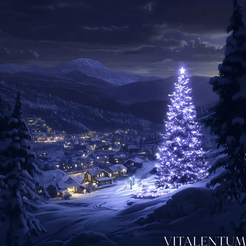 Serene Winter Night with Festive Lights AI Image