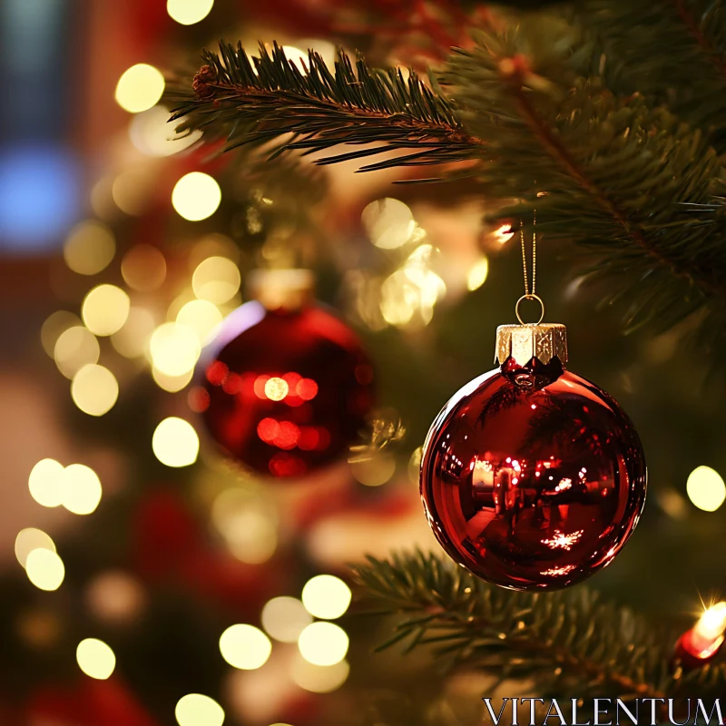 Festive Christmas Tree with Red Ornaments and Bokeh Lights AI Image