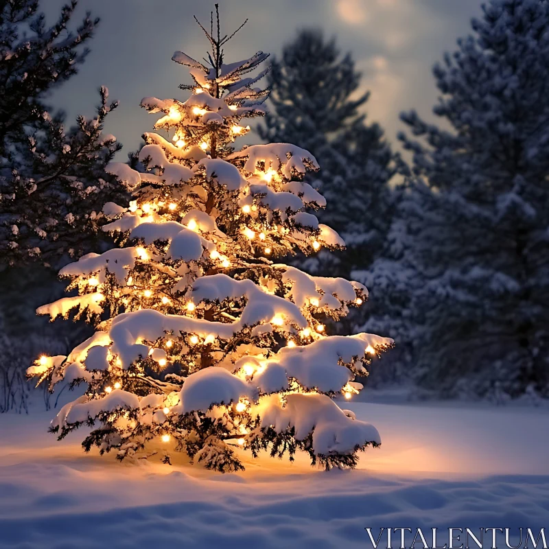 Illuminated Christmas Tree in a Snowy Forest AI Image