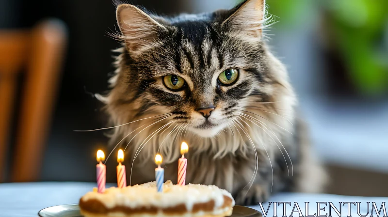 Fluffy Cat with Birthday Cake and Candles AI Image